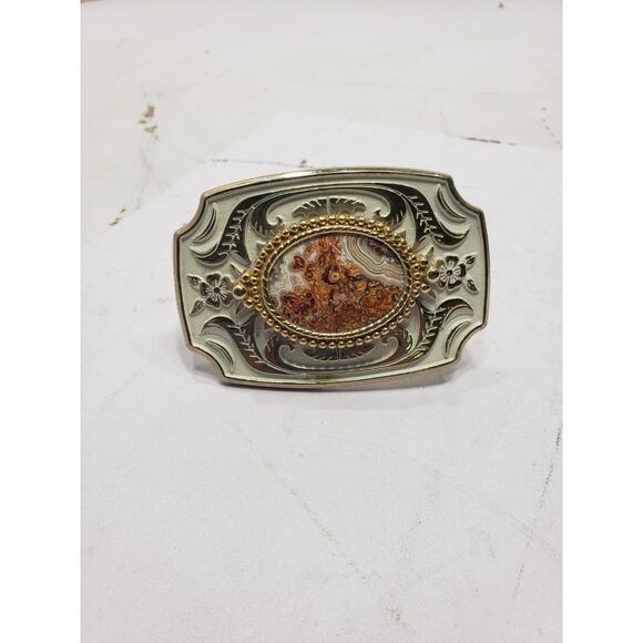 Vintage Western Belt Buckle CRAZY LACE Agate Gold And Amber Enamel Pre-Owned